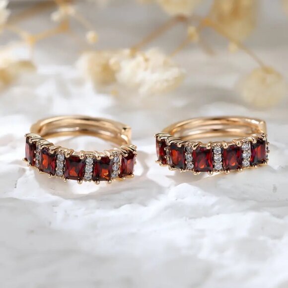 14K Gold 2ct Red Ruby Gemstone 1ct Diamond Small Hoop Earrings 14 Karat Jewelry - Picture 3 of 8